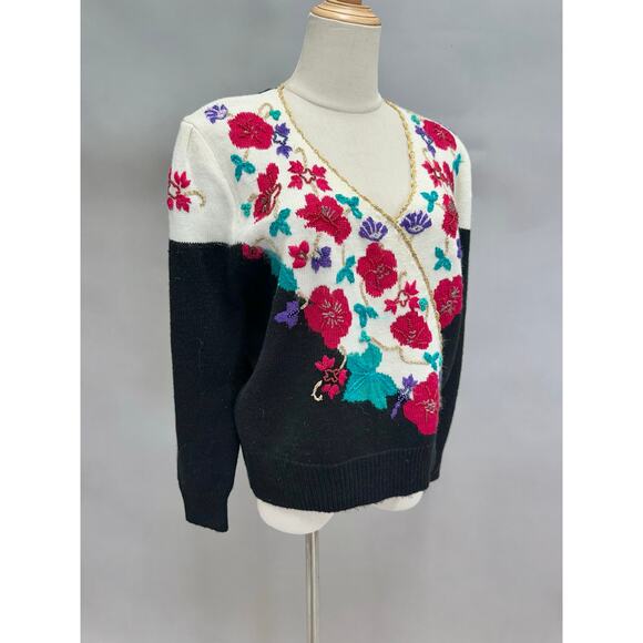 Vintage Jaclyn Smith Floral Embroidered Sweater Bold 80s Statement Size Large - Picture 7 of 16